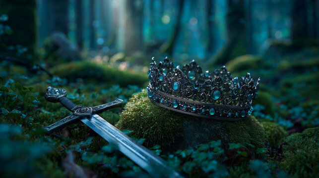 Legendary medieval crown resting on a moss covered stone beside a sword, evoking ancient power, forgotten kingdoms, and epic fantasy atmosphere.