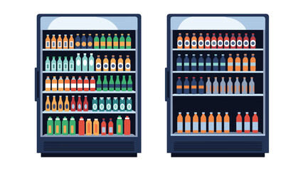 Fototapeta premium Commercial refrigerators in a grocery store or supermarket stocked with various rows of colorful bottled and canned beverages.