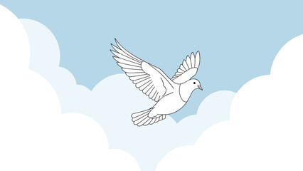 Naklejka premium Graceful white dove of peace flying through a bright blue sky filled with soft white clouds representing hope and freedom.