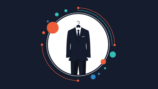 Professional business suit illustration surrounded by a circular infographic containing various colorful data points and icons.