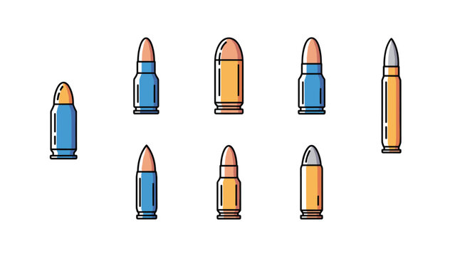 Array of different types of bullets and ammunition in various colors and shapes organized on a white background for comparison.