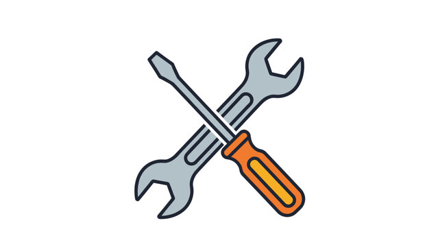 Crossed grey wrench and orange handled screwdriver representing tools for repair maintenance and construction.