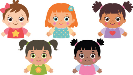 Cute diverse baby girl characters set with different hairstyles and ethnicities for kindergarten education or nursery school decor vector.