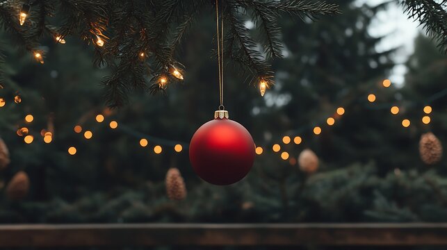 Festive red ornament hangs on a pine branch with twinkling lights Image