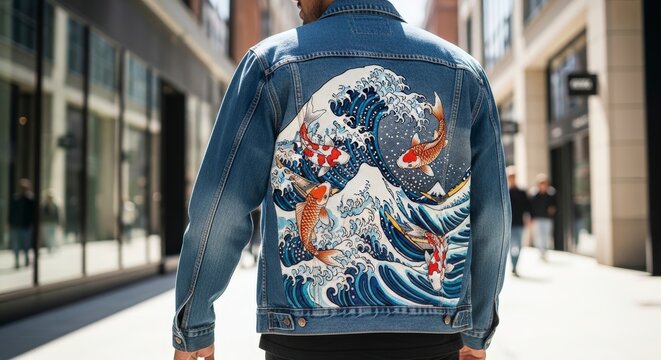 Man wearing denim jacket with wave design.
