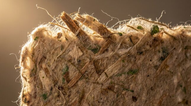 A close-up view of a rough, textured surface with visible fibers and particles