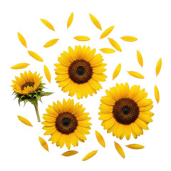 Fototapeta premium A vibrant display of sunflowers with scattered petals in a circular arrangement isolated on transparent background
