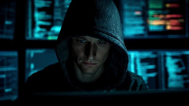 Young hacker focused on coding in a dark room surrounded by screens displaying data, evoking the tension of cybersecurity and the digital world.