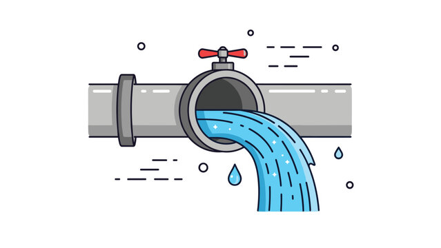 Large industrial metal pipe with clean blue water flowing out into the open air representing municipal water supply.