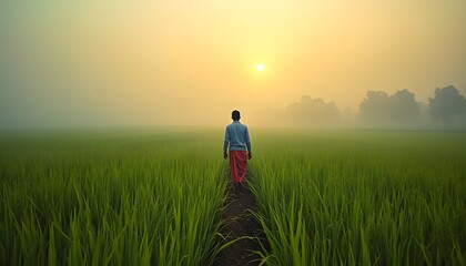 Fototapeta premium A man walks down a path through a green field towards a beautiful sunrise