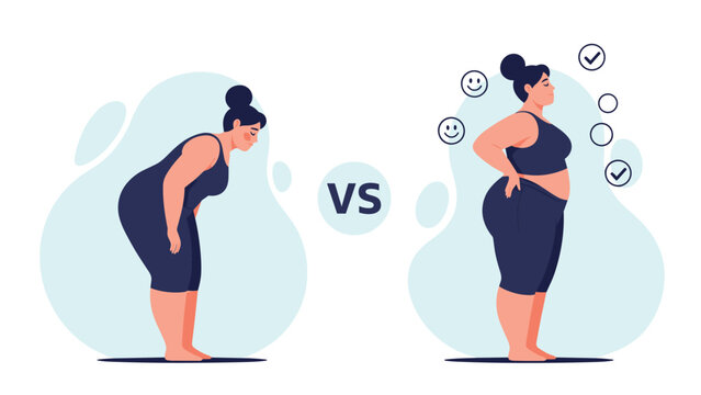 Comparison illustration of a plus size woman showing the difference between poor slouching posture and confident upright standing pose.