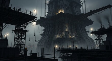 Naklejka premium Dystopian Megastructure Erection at Night with Grim Workers and Oppressive Shadows