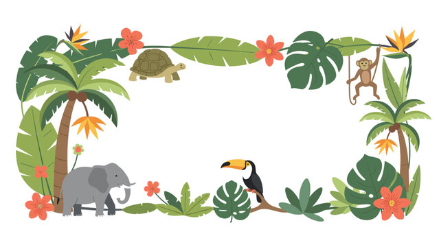 Vibrant tropical jungle frame with exotic animals like an elephant turtle monkey and toucan surrounded by palm trees and lush greenery.
