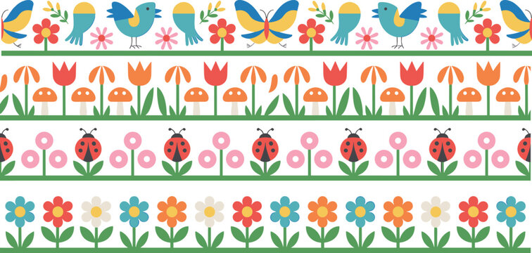 Seamless floral border vector set with cute spring birds butterflies ladybugs and mushrooms for nursery wallpaper and scrapbooking design.
