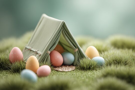 Easter eggs near small tent decoration