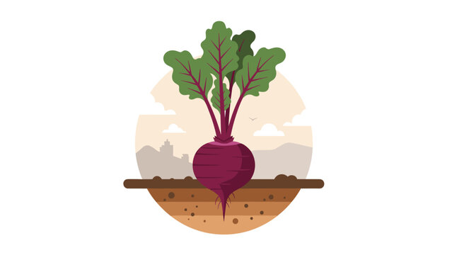 Agricultural illustration showing a whole beet root growing underground with its green leaves above and a city skyline in the distance.