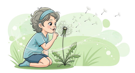 Fototapeta premium Young girl blowing dandelion seeds while kneeling in green field 
