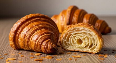 Fototapeta premium Golden-brown croissants artfully arranged on a textured wooden surface, one perfectly sliced to reveal its flaky interior