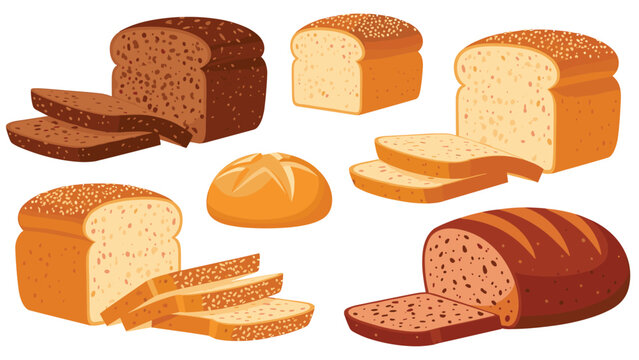 Assortment of different bread types including whole grain loaves, sliced wheat bread, and a round sourdough boule.