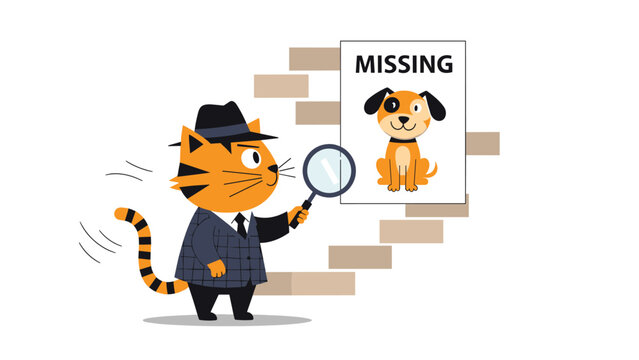 Detective cat wearing a hat and suit using a magnifying glass to find a missing dog poster on a brick wall backdrop.