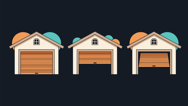 Set of residential garage icons showing a rolling shutter door in closed, half-open, and fully open positions at night.