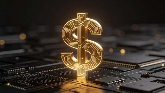 Golden dollar symbol on circuit board