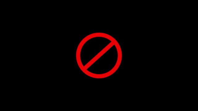 Warning, stop or no entry forbidden circle on black background. Animation of delete, denied, ban or block icon 4k video animation .