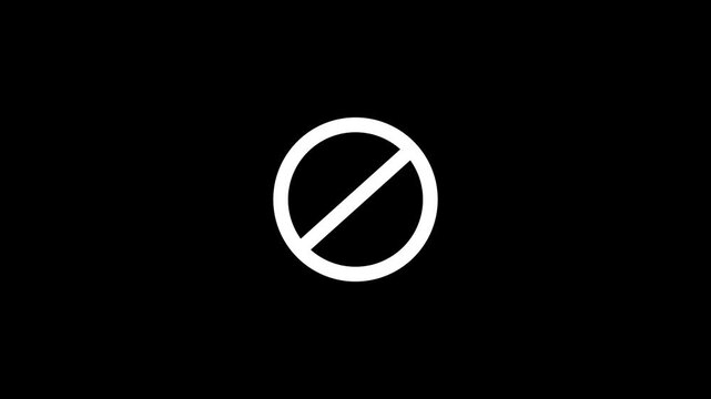 Warning white colors stop or no entry forbidden circle on black background. Animation of delete, denied, ban or block icon 4k video animation .