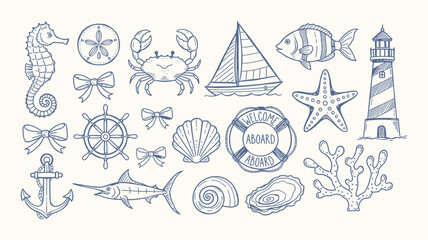 Nautical vintage icons set. Vector hand drawn monochrome sketch illustration. Hand drawn illustration of rope, corals, guard post, sun, seagull © Domestock