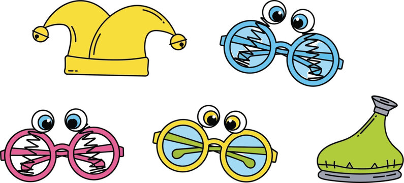 Assortment of silly joke accessories including novelty glasses and a jester hat for pranks