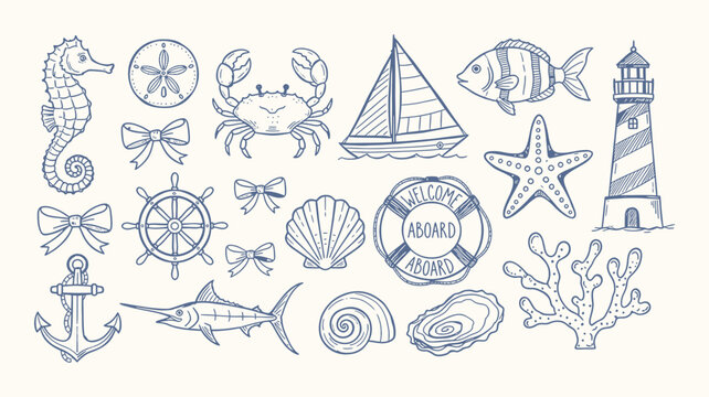 Nautical vintage icons set. Vector hand drawn monochrome sketch illustration. Hand drawn illustration of rope, corals, guard post, sun, seagull
