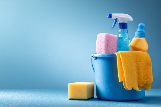 Cleaning supplies bucket with sponge and spray