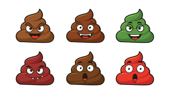 Fun set of six colorful poop emojis displaying various facial expressions like angry, happy, and surprised on a plain white background.