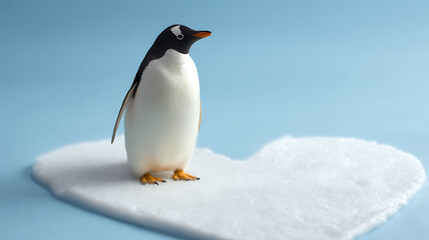Fototapeta premium Charming Small Penguin Figurine Stands Alone on a Pristine White Island of Snow Against a Serene Light Blue Studio Background