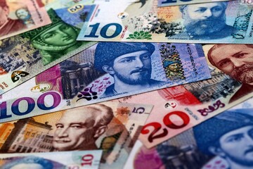 Obraz premium Georgian lari money bills pile on table. Georgia banknotes of GEL currency close up.