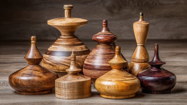 An assortment of polished wooden spinning tops in various shapes and sizes arranged on a surface