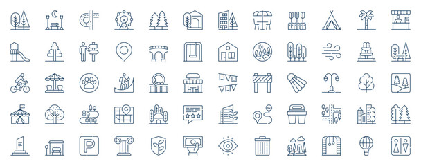 City park web icons set in line stroke design. Outline pictogram pack of trees, bench, roads, ferris wheel, street cafe, playground, direction pointer, bridge, urban route, more. Vector illustration. © alexdndz