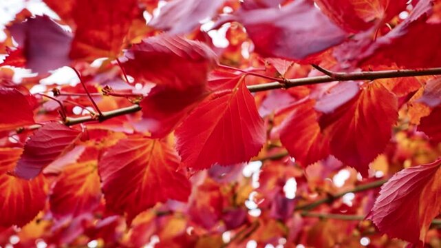 Red autumn maple leaves with raindrops on branch, vivid seasonal foliage close up, wet natural texture in soft light, fall nature background with vibrant botanical detail