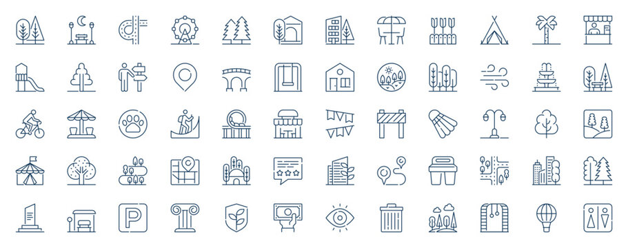 City park web icons set in line stroke design. Outline pictogram pack of trees, bench, roads, ferris wheel, street cafe, playground, direction pointer, bridge, urban route, more. Vector illustration.