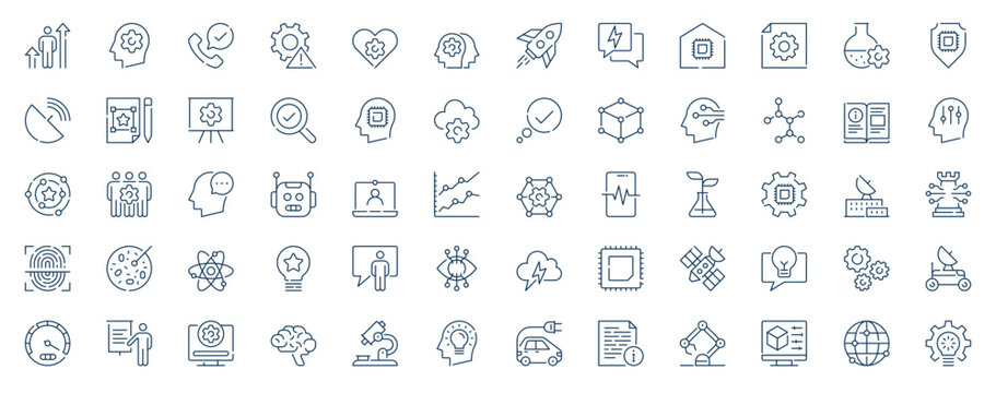 Innovation technology web icons set in line stroke design. Outline pictogram pack of startup, artificial intelligence, microchip, atomic energy, fingerprint, electric car, more. Vector illustration.