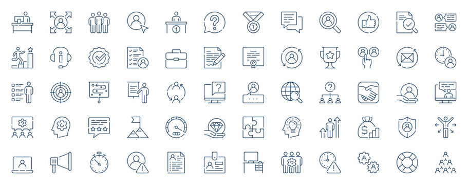 Management headhunting web icons set in line stroke design. Outline pictogram pack of office team, job interview, development, career, employment, contract, work offers, more. Vector illustration.