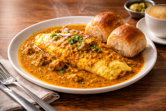 Indian Masala Omelette Curry with Pav Bread, Spicy Egg Gravy Street Food Breakfast Top View