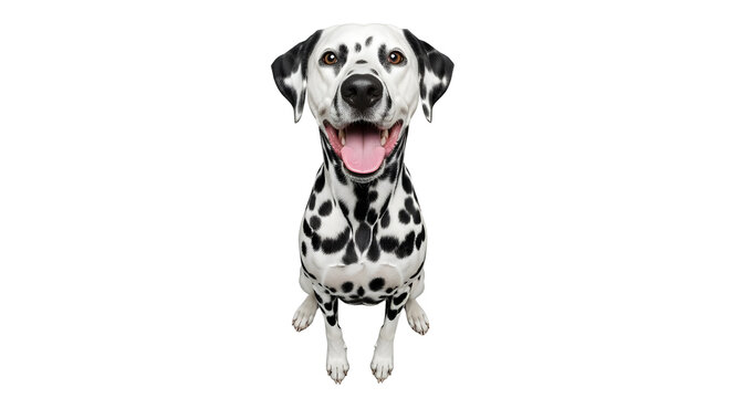 Happy Dalmatian dog sitting and looking up, isolated on a clean white background, perfect for pet-related designs