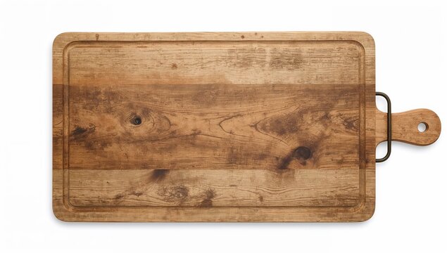 Rustic french farmhouse bread board, aged wood cutting surface with metal handle for kitchen decor or serving