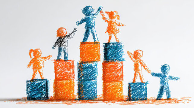 Children teamwork building blocks success concept cooperation playful sketch art drawing style showing happy group effort and progress