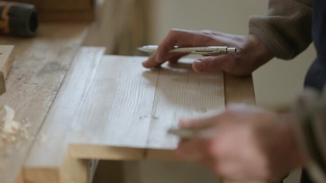 A woodworker precisely marks a piece of wood with a pencil and ruler in a workshop. This craftsman meticulously draws a line on timber, showcasing careful measurement.