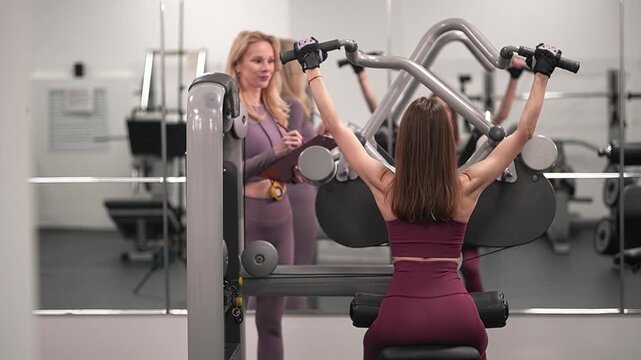 Two women. Gym. Back muscles. Trainer. Slow motion video. . High quality 4k footage