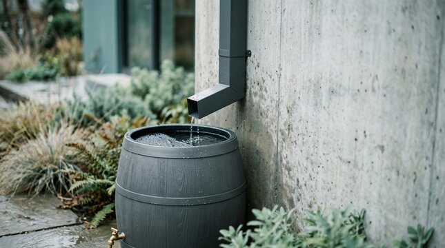 Rain barrel connected to downspout near concrete wall with greenery  