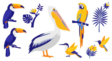 Exotic Birds Collection: Toucans, Pelican, Parrot, Hummingbirds and Tropical Leaves © Lilis