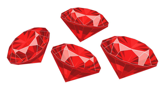 Four sparkling red ruby gemstones, precious jewels, luxury, wealth, isolated on white.